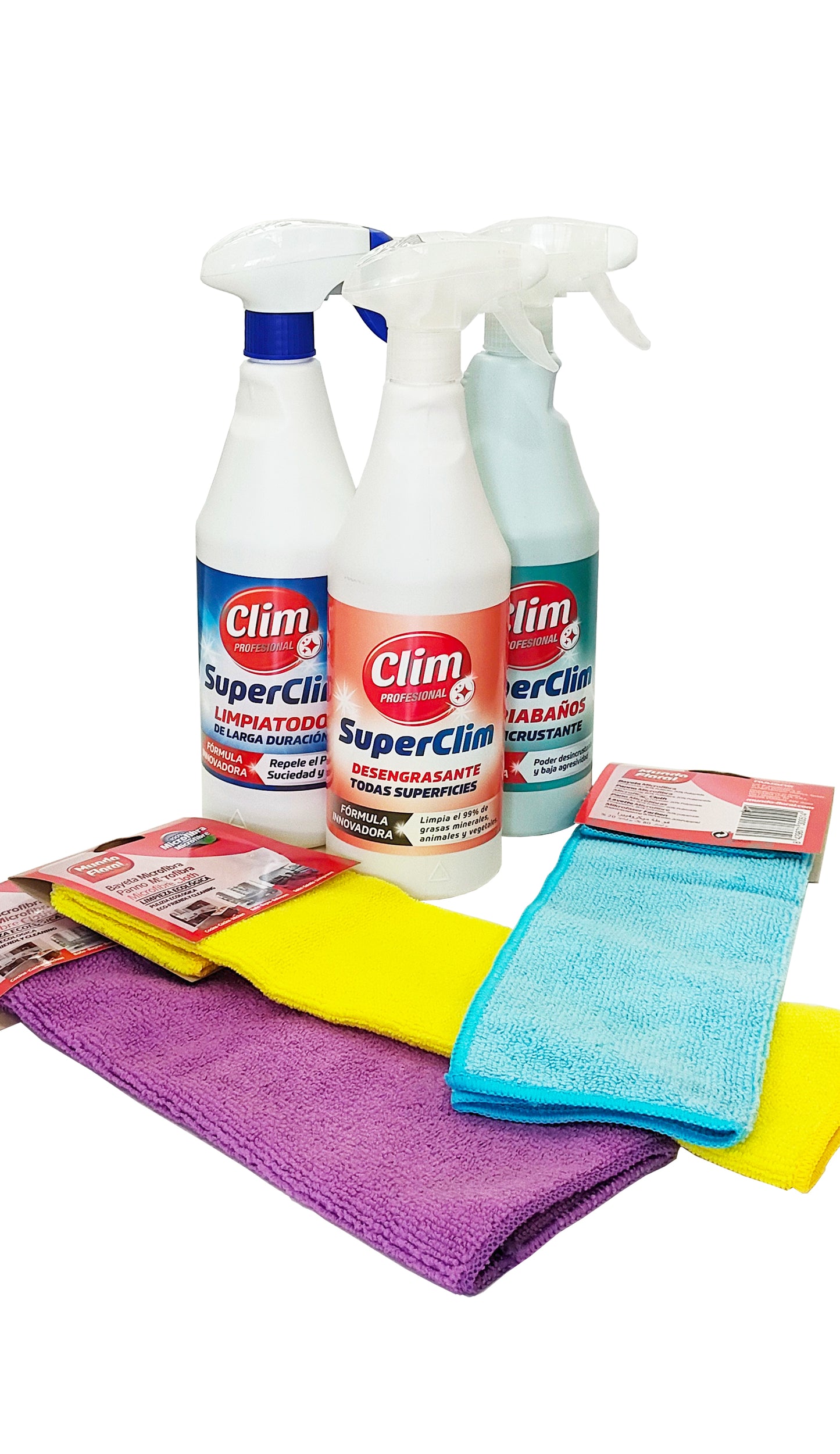 Set limpieza completa SuperClim: multiusos, desengrasante, limpia baños y 3 bayetas microfibra