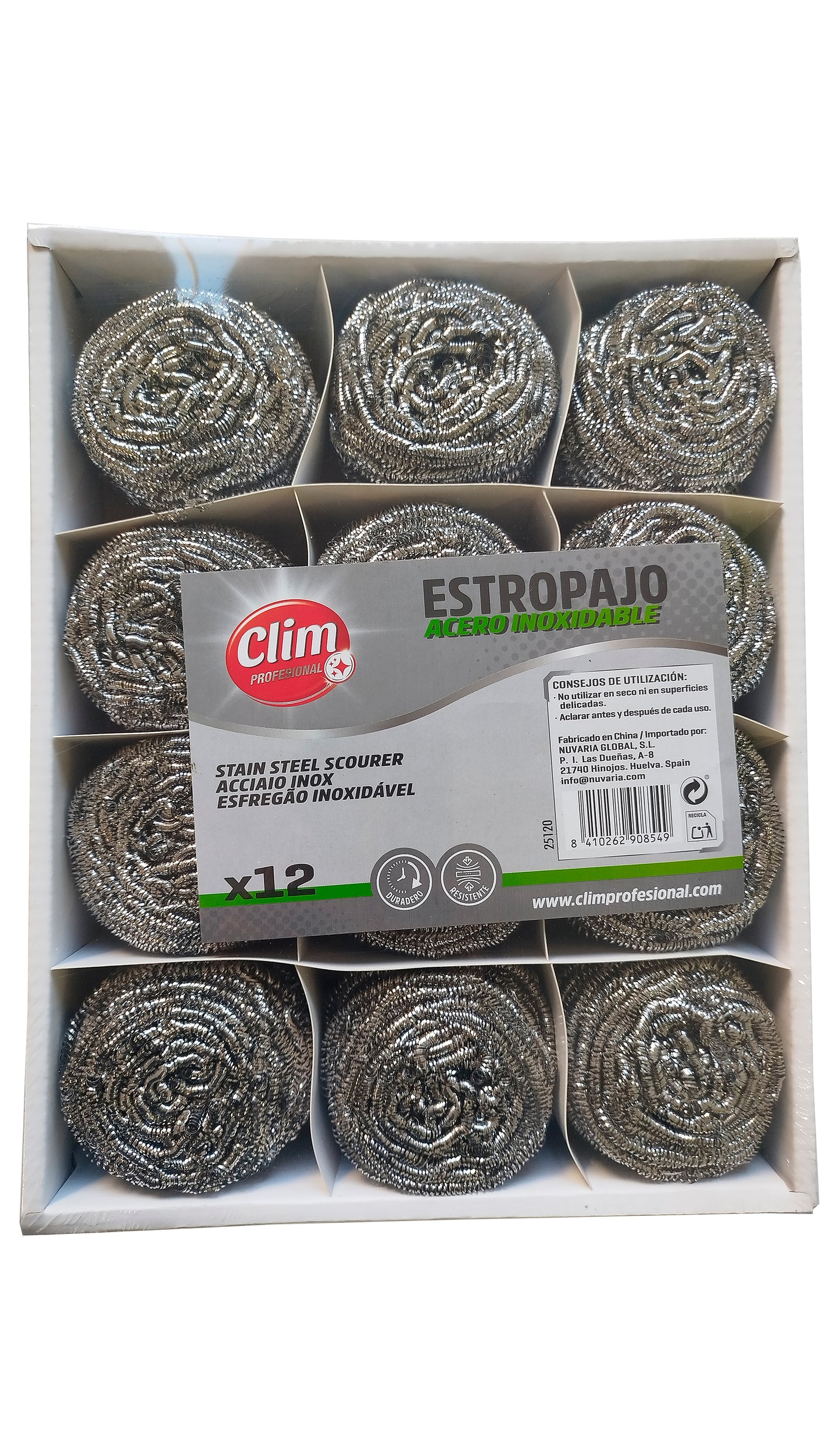 Estropajo acero inoxidable estándar 40gr Clim Profesional. Pack 12 uds